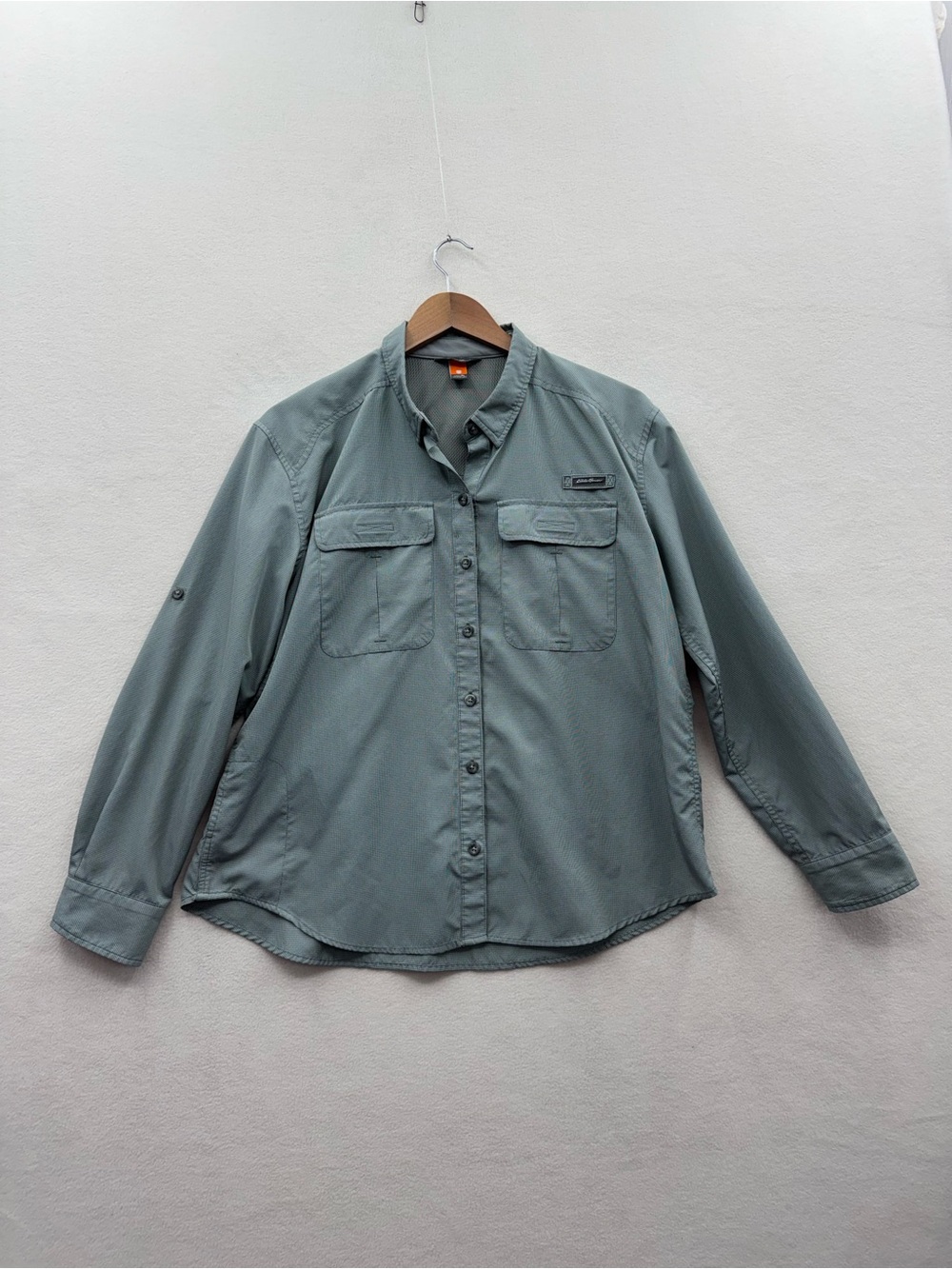 Eddie Bauer Women’s Large Petite Green Button Up Shirt Roll Tab Sleeve